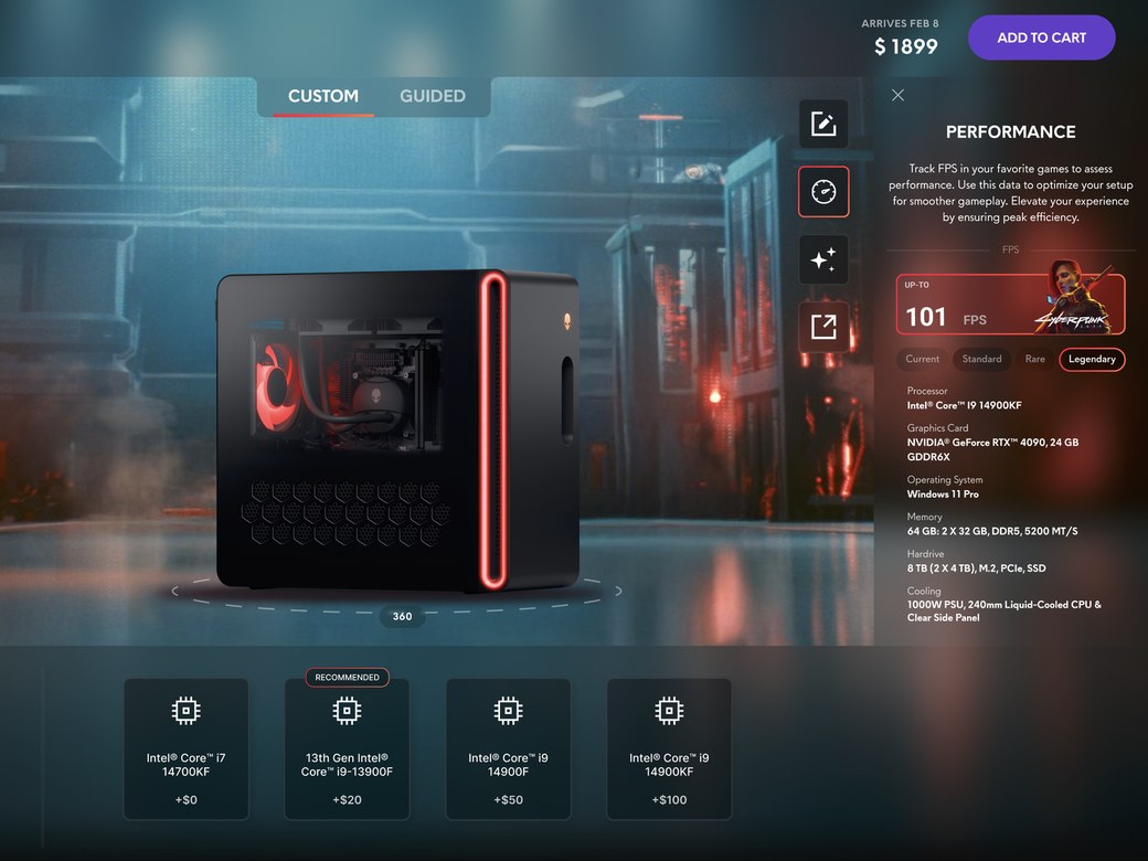 Performance panel in the 3D configurator: the Aurora R16 in a dark cityscape environment, with an up-to 101 FPS estimate for Cyberpunk 2077, tier toggles from Current to Legendary, and the matching component specs.