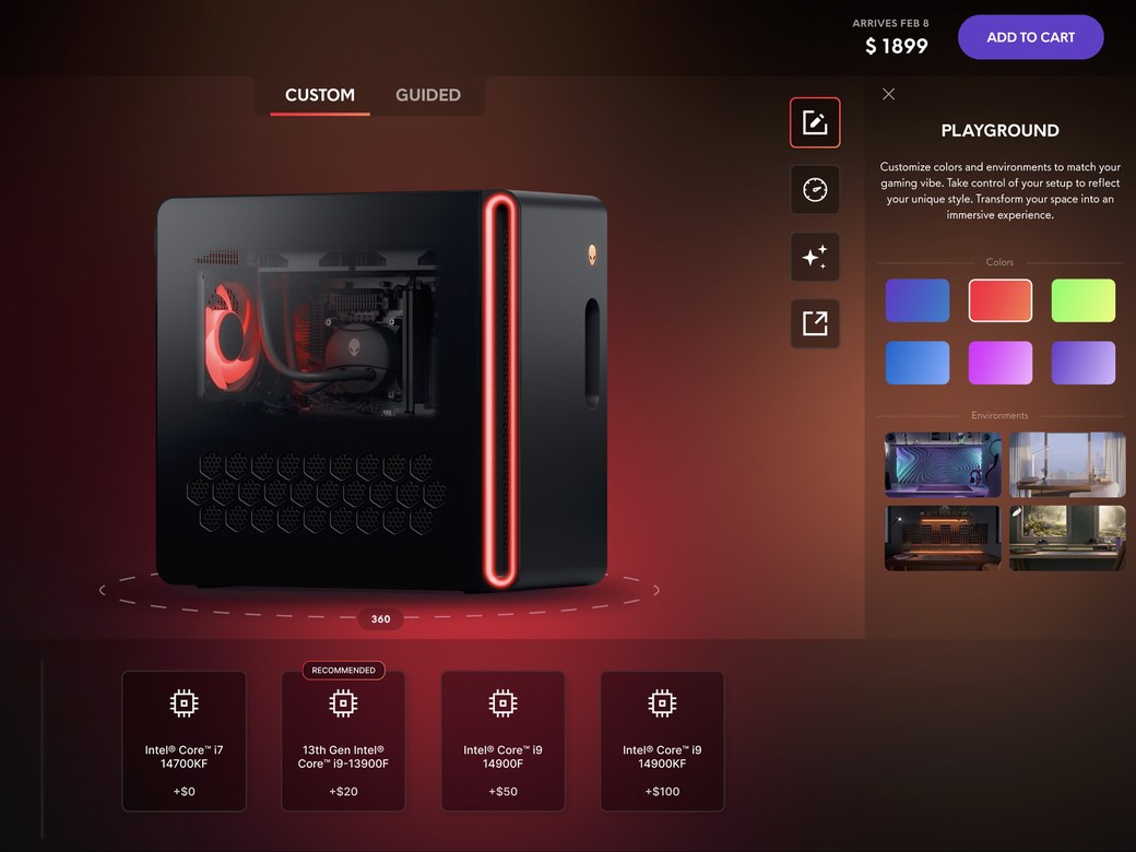 Playground panel in the 3D configurator: the Aurora R16 lit in red, with color swatches and environment scenes on the right for customizing the setup's look.
