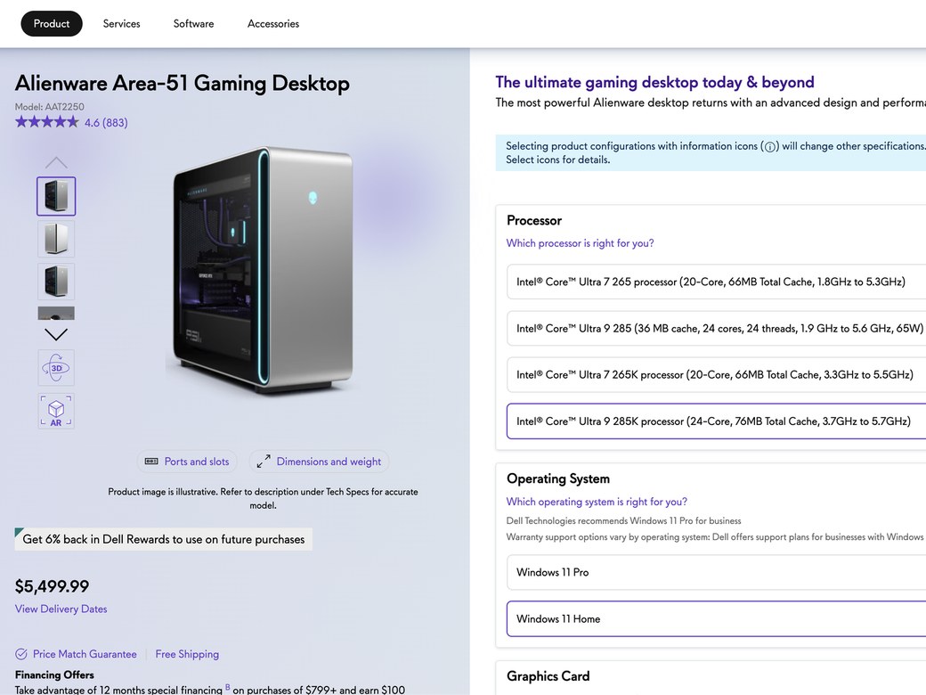 After: the current Alienware configurator for the Area-51 Gaming Desktop, with the product and price on the left and expandable Processor and Operating System option lists on the right.