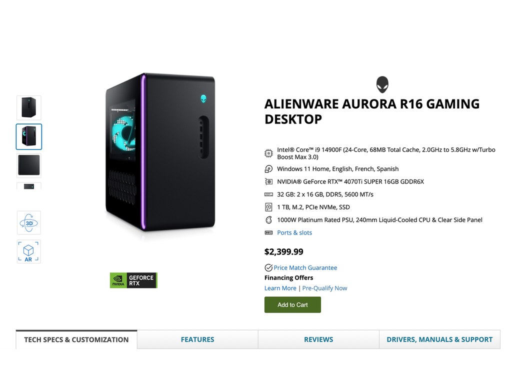 Before: the Alienware Aurora R16 on Dell.com's standard product page, with a product photo, a list of specs, the price and an Add to Cart button above tabs for tech specs, features, reviews and support.