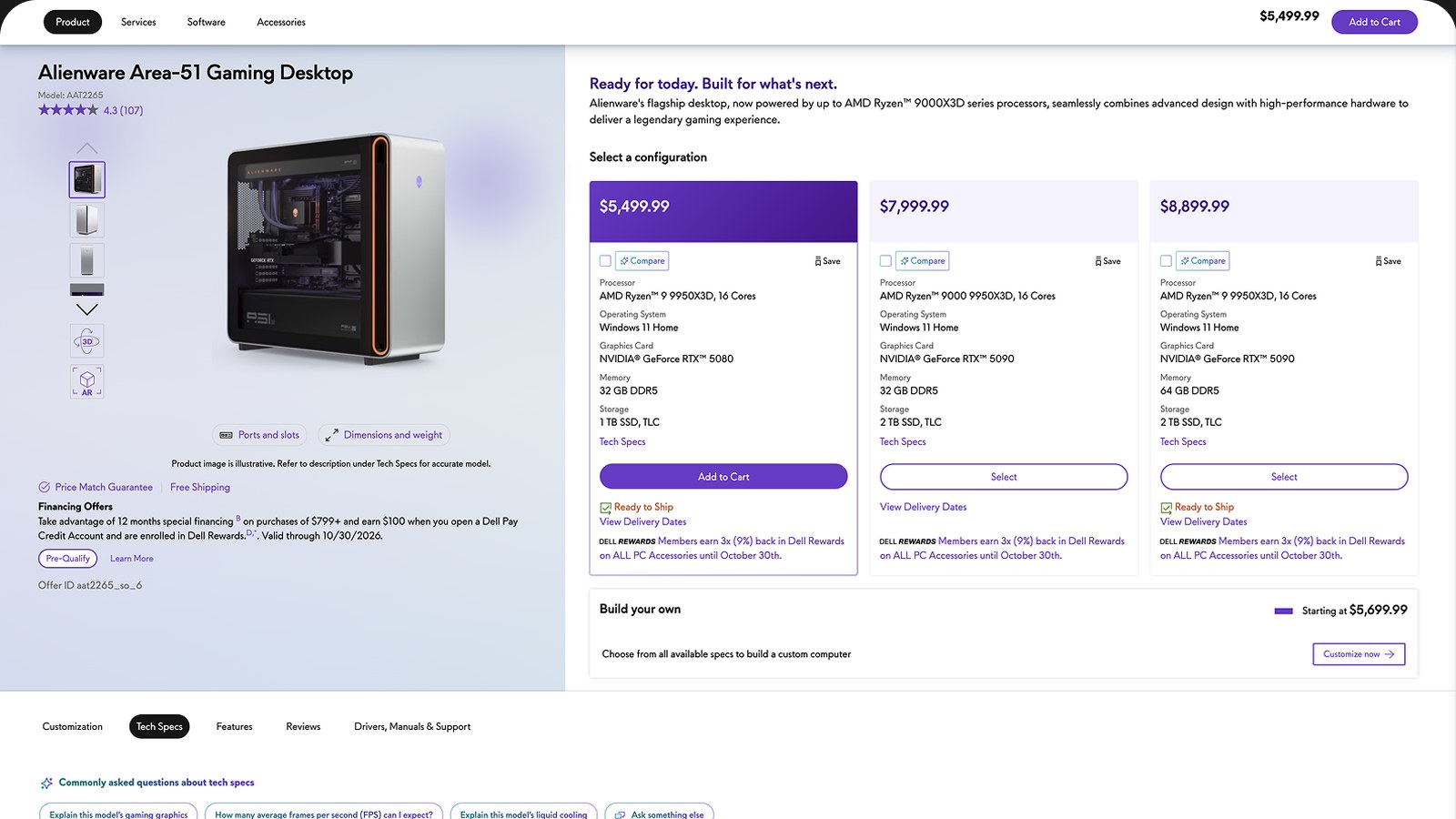 Phase 1 of the Alienware configurator for the Area-51 Gaming Desktop: the product image and financing offers on the left, three preset configurations at $5,499.99, $7,999.99 and $8,899.99 with their specs on the right, and a Build your own option starting at $5,699.99 below.