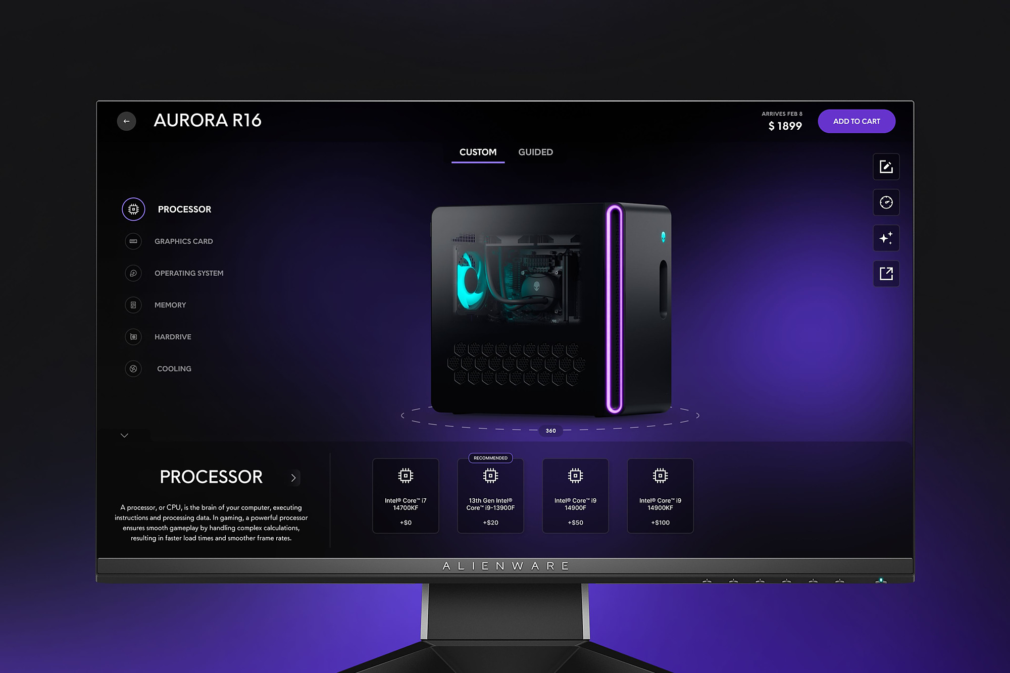 The Alienware configurator on a monitor, showing a 3D render of the Aurora R16 with processor options below.