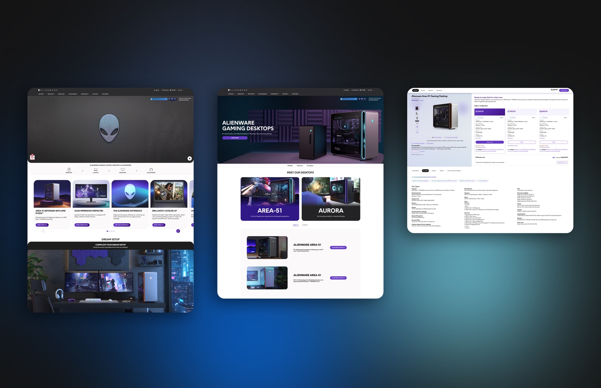 Three Alienware.com pages side by side: the homepage with the alien head masthead and Dream Setup section, the Alienware Gaming Desktops Learn Page comparing Area-51 and Aurora, and the Area-51 configurator with three configurations to choose from.
