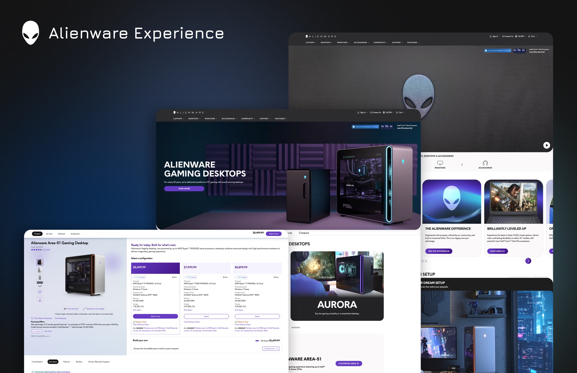 Alienware Experience overview: screens from the redesigned Alienware.com layered together, including the homepage with its alien head masthead, the Alienware Gaming Desktops page, product line cards and the Area-51 product page with configuration options.