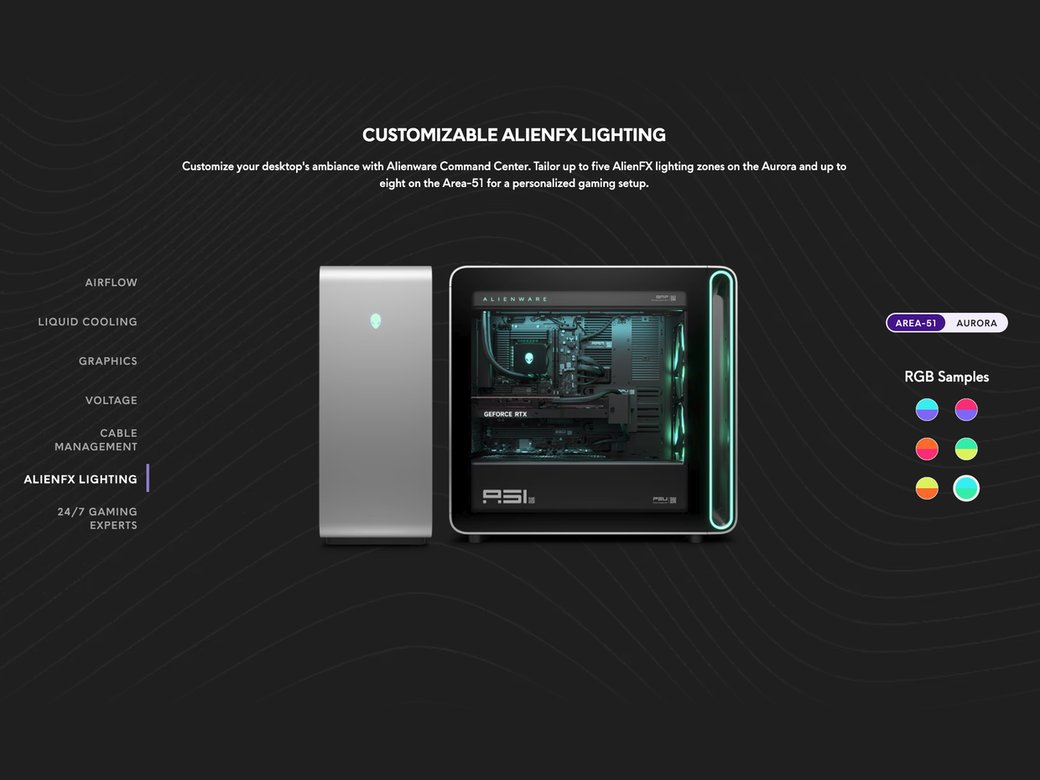 The Customizable AlienFX Lighting section of the Learn Page: a feature list on the left with AlienFX Lighting selected, the Area-51 desktop at centre with its interior and edge lighting glowing teal, and an Area-51 / Aurora toggle with RGB colour samples on the right.