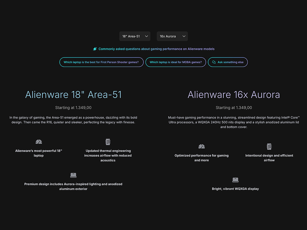 Redesigned Compare details: the 18-inch Area-51 and 16x Aurora side by side, each with a starting price, a short description and highlighted features, below AI-suggested questions such as which laptop is best for first person shooter games.