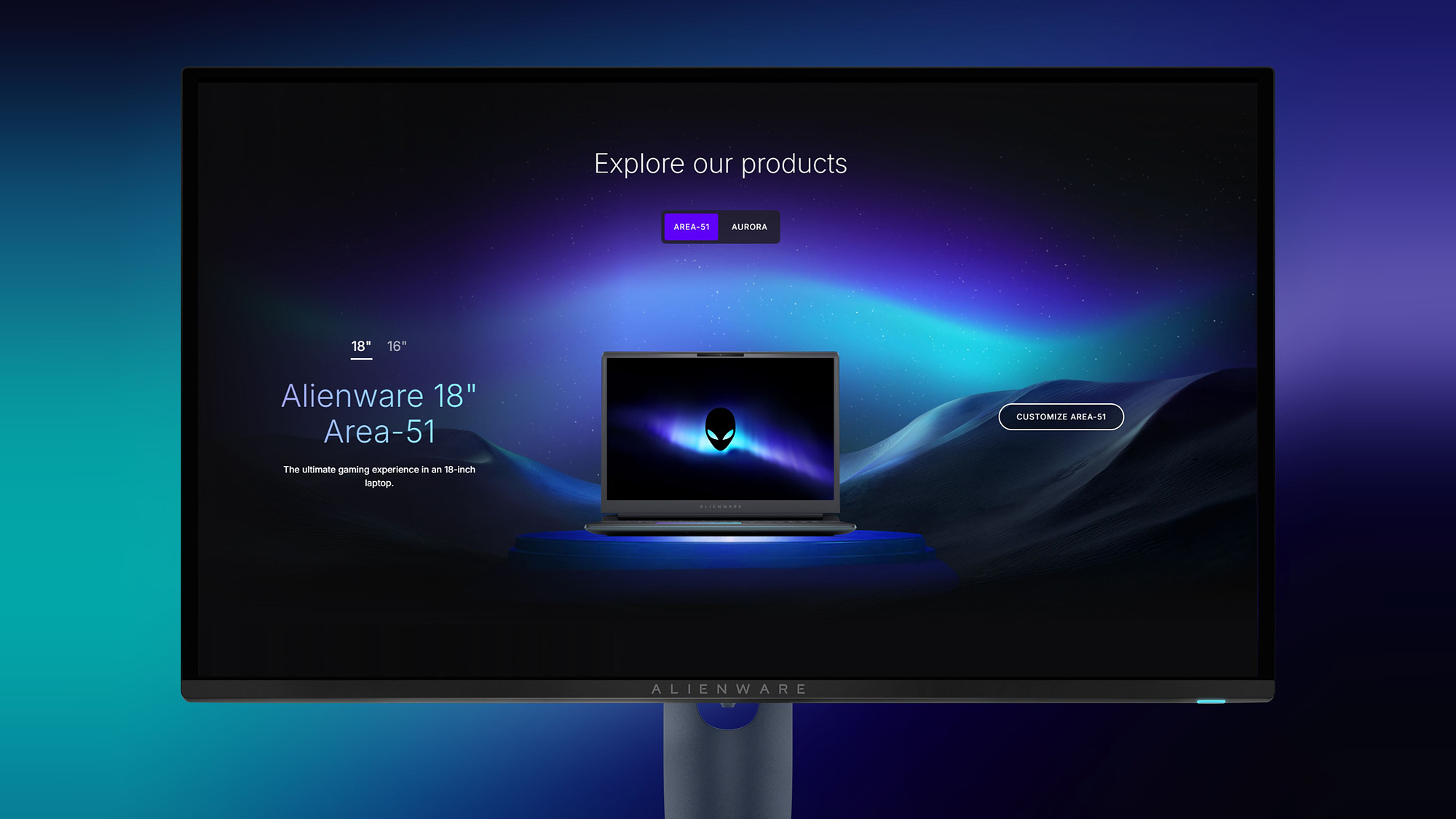 The redesigned Alienware Learn Page on an Alienware monitor, with the Area-51 laptop on a glowing pedestal.
