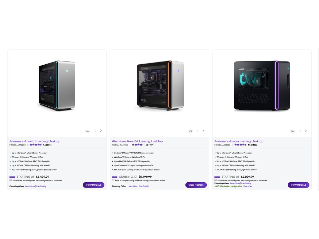 Product line comparison on the Learn Page: three desktop cards side by side, two Area-51 models and the Aurora, each with a product photo, rating, five key specs, a starting price and a View Models button.