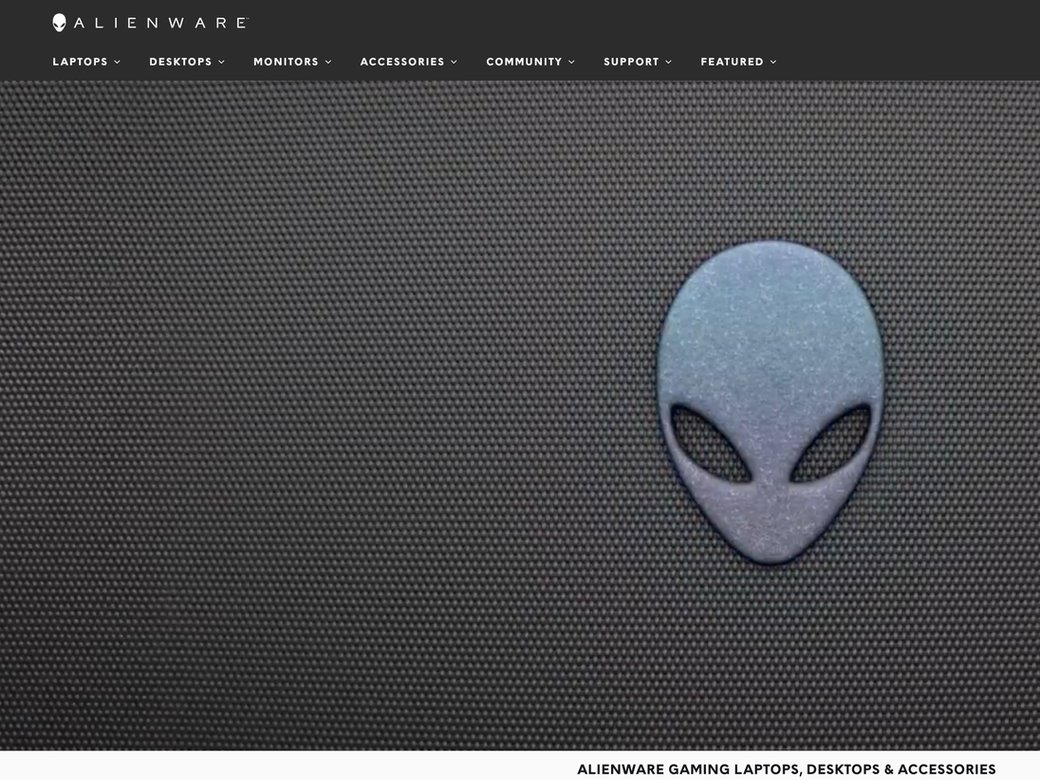 After: the re-themed Alienware masthead in dark grey, with the Alienware wordmark and menus for Laptops, Desktops, Monitors, Accessories, Community, Support and Featured, above a hero of the alien head logo on a textured black surface.